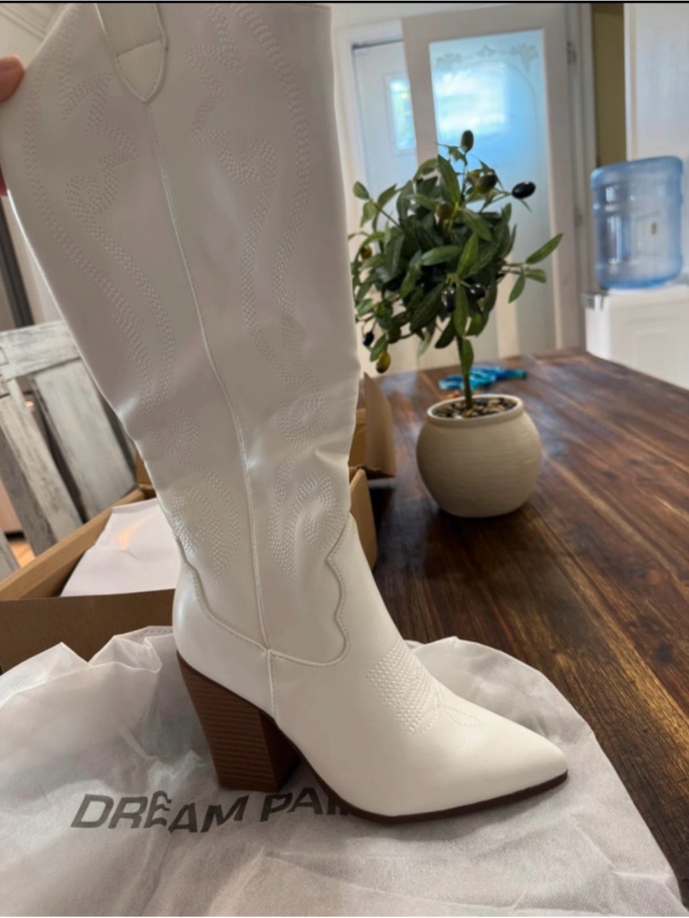 Dream Pairs White Western Knee-High Block Heel Boots with Pointed Toe